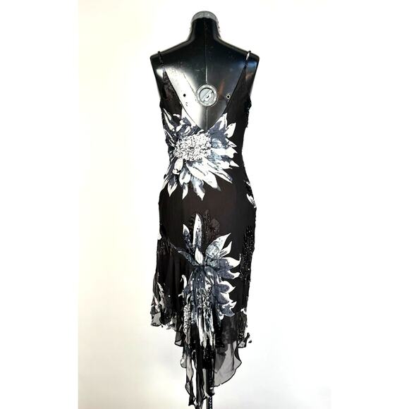 Cache Rare Vintage 90s Beaded Floral Print Silk Dress - Picture 3 of 11